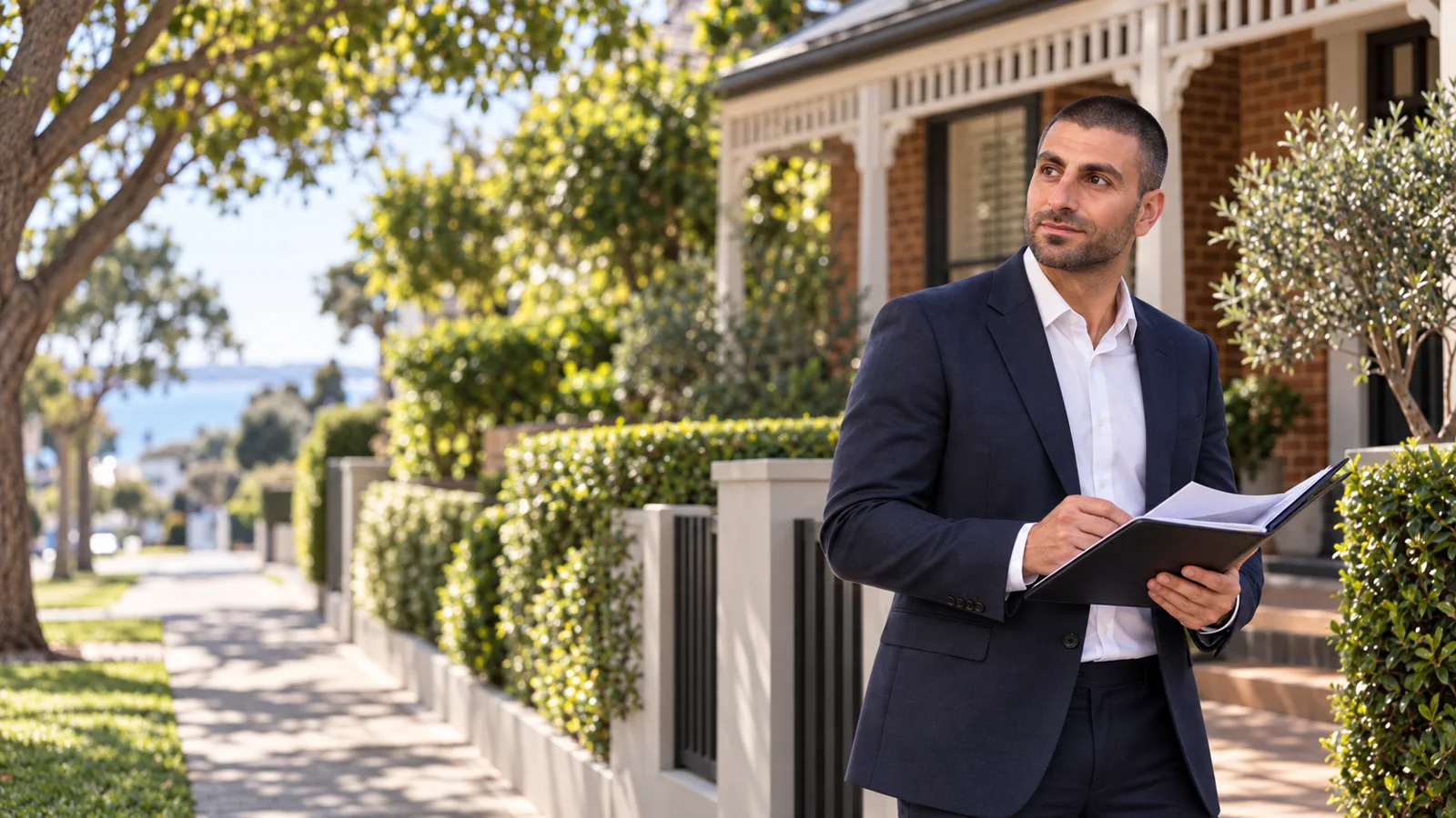 Petros Ttofari reviewing a property plan outside a Melbourne family home