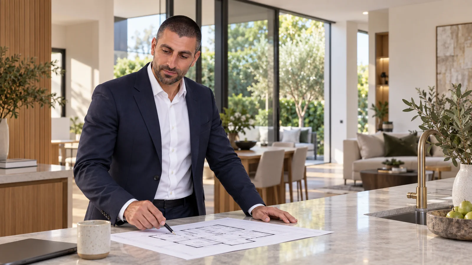 Petros Ttofari reviewing a floor plan inside a Melbourne family home